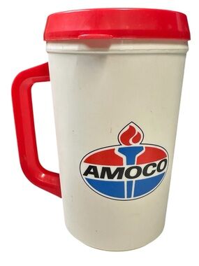 Vintage AMOCO Food Shop Aladdin Travel Mug Red White Gas Oil Advertising Cup